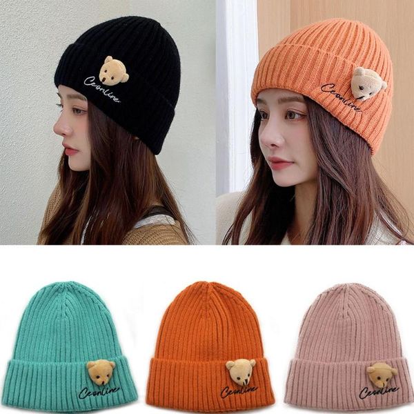 

beanies female sports cap keep warm little bear letter hat knitting