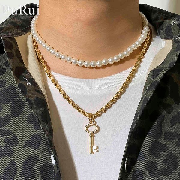 Collana con pendente a chiave a punk hip hop per uomo catena contorta sul collo Bohemian Simulato Pearl Choker multistrato coppia Jewellry