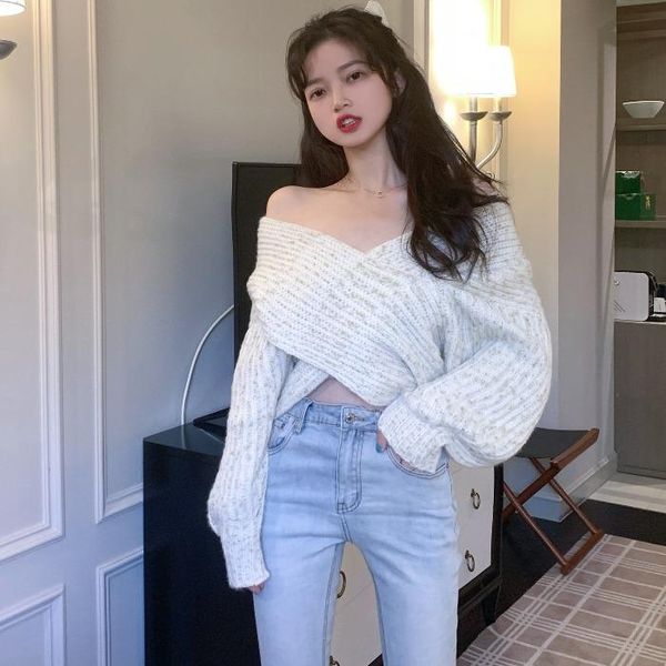 

women's sweaters winter clothes women 2021 loose knitted v-neck pullovers fashion brand ladies off shoulder long sleeve, White;black