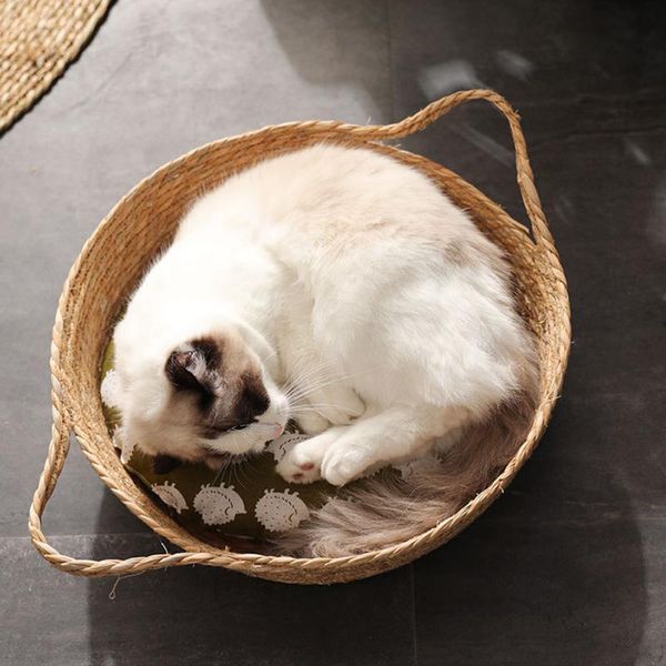

cat beds & furniture woven nest bed round basket hand-woven pet sleeping cane plants