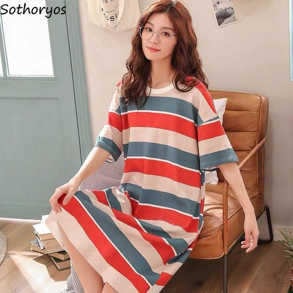 

women's sleepwear nightgowns women short sleeve girls lovely knee-length nighty kawaii nightdress soft sweet 2021 colorful lady clothin, Black;red