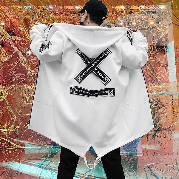 

spring and autumn mens hooded jacket printed hoodie harajuku windbreaker ribbon coat casual hip hop streetwear hoodies & sweatshirts, Black