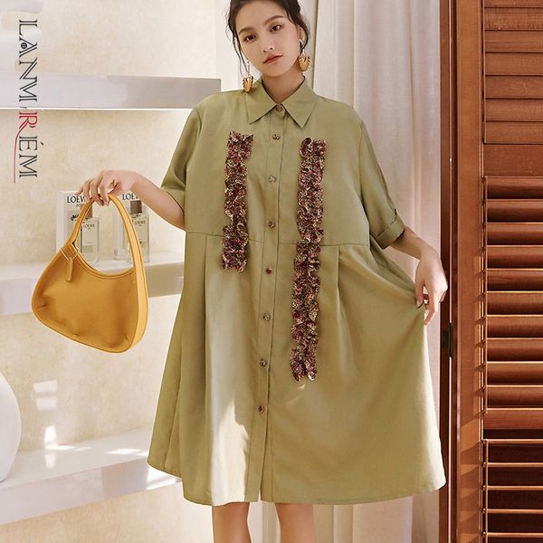 

women big size dress turn-down collar short sleeve loose fit lady fashion tide spring autumn arrivals 2e1713 210507, Black;gray