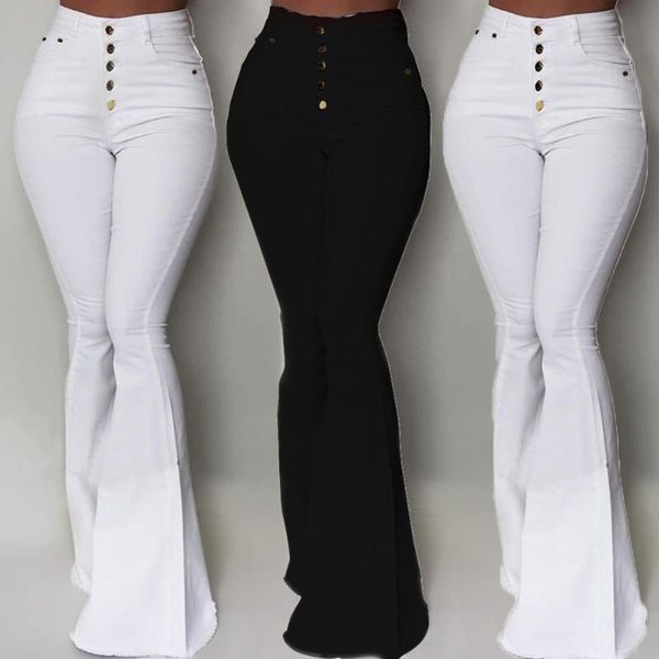

women's pants & capris flared fashion high waist button ladies trousers skinny stretch solid color pencil for female d30, Black;white