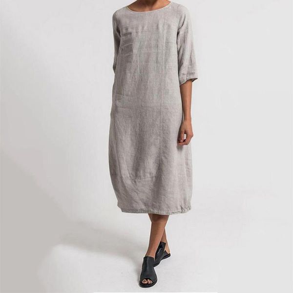 

casual dresses women dress vintage summer solid color o neck half sleeve linen soft loose midi women's clothing vestido de mujer 2021, Black;gray