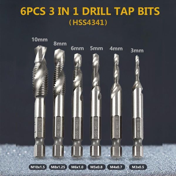 

hand tools 6pcs m3-m10 screw tap drill bits hss 4341 taps woodworking metric combination bit high speed steel titanium