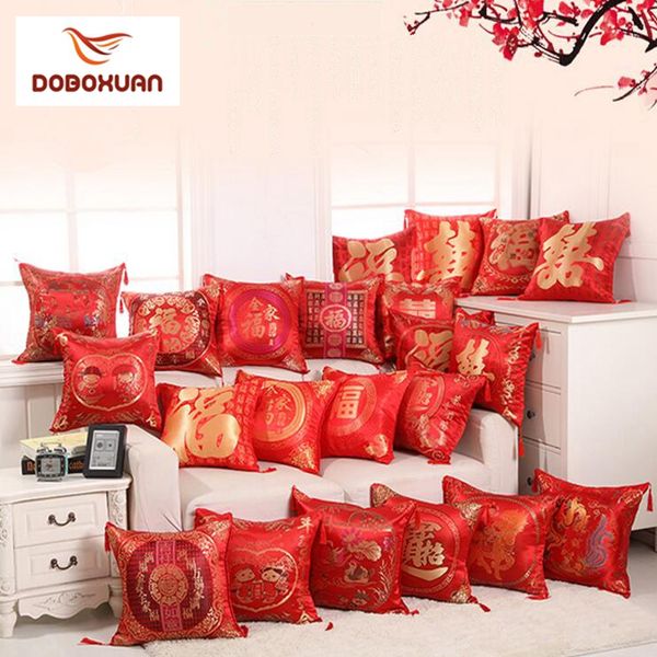 Chinês Travesseiro Bordado Vermelho Cobre Ano Novo Dia dos Namorados Presentes Do Casamento Descanso Decorativo Decoração de Casa Borlas Capa de Almofada