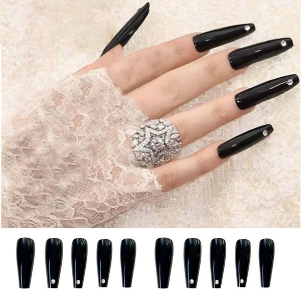 

24pcs detachable false nail ballerina wearable black full cover long coffin stiletto fake tips manicure accessory nails, Red;gold