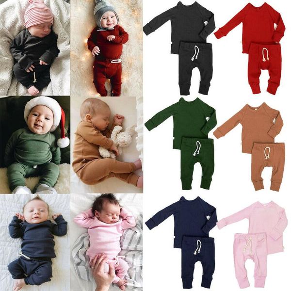 

jumpsuits 0-24m infant baby boy girl solid set toddler girls boys long sleeve o neck pants born cotton outfits, Blue