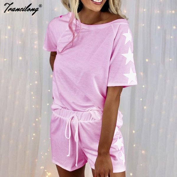 

women's tracksuits summer loose star printing short sleeve o neck fashion casual suit home wear pajamas women 2 piece shorts sets women, Gray