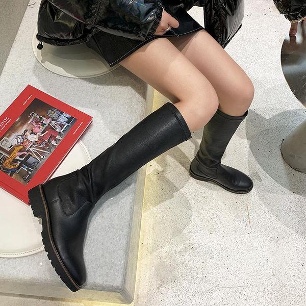 

boots women knee-high natural leather shoes 22-25 cm length 3.5cm heel spring and autumn cow zipper stretch, Black