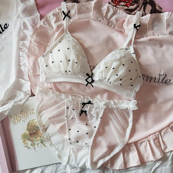 

bras sets sweet girl heart lace trim white no rims bra underwear set japanese cute bow lolita and panty ultra thin, Red;black