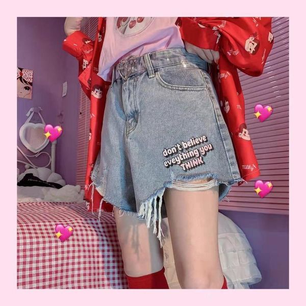 

women's shorts blue vintage lace up letter short jeans women harajuku kawaii y2k pants casual aesthetic alternative korean fashion clot, White;black