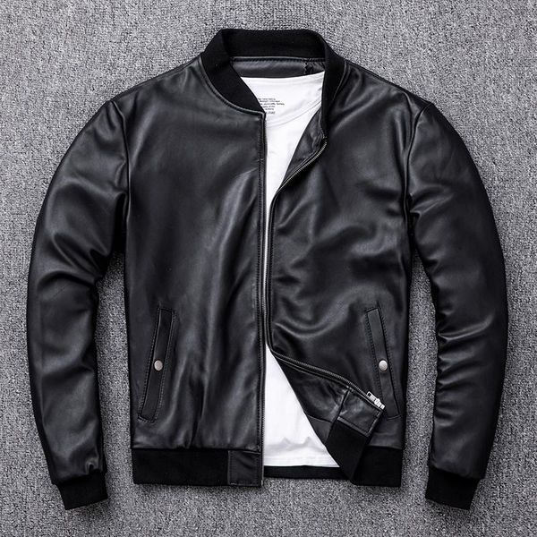 

men's leather & faux 2022 casual sheepskin genuine jacket men short baseball uniform simple black slim fit coat