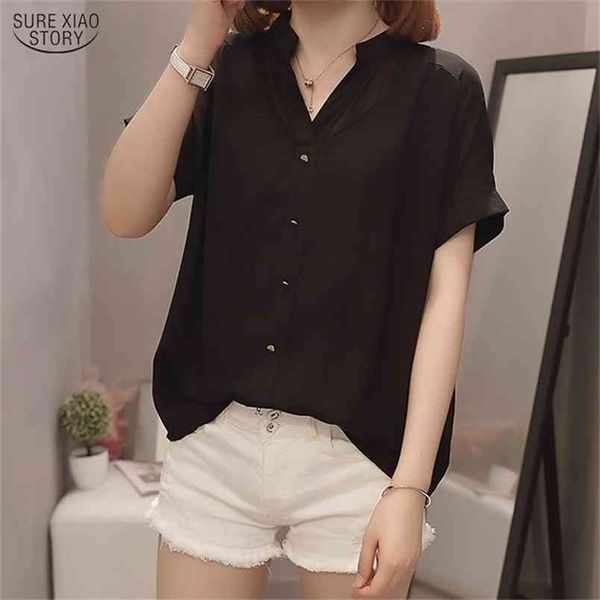 Coreano Plus Size Camicetta in chiffon a maniche corte Blusas Mujer De Moda Summer Black White Women Shirt Loose Ladies Top 9988 210506