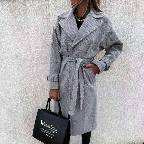 

women's wool & blends fashion 2021 autumn and winter products solid color lapel slim woolen temperament long coat lace up women, Black