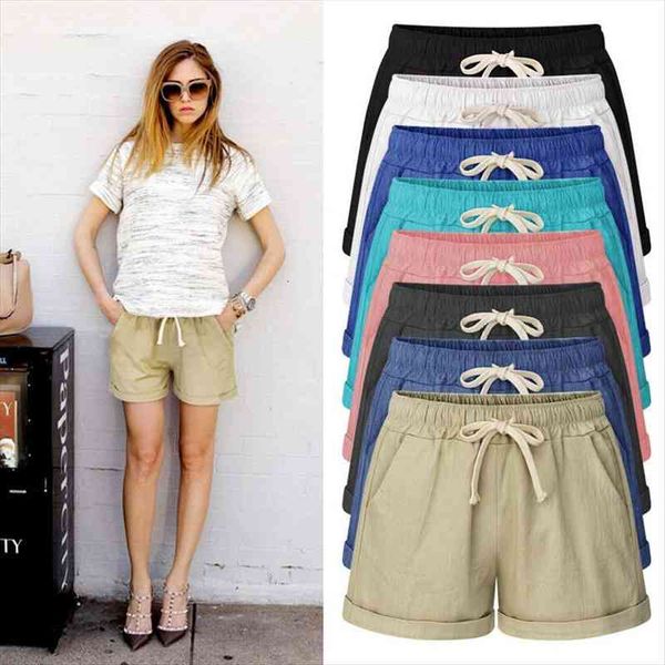 

plus size 6xl summer womens short casual solid cotton linen high waist loose for girls soft cool female pockets, White;black