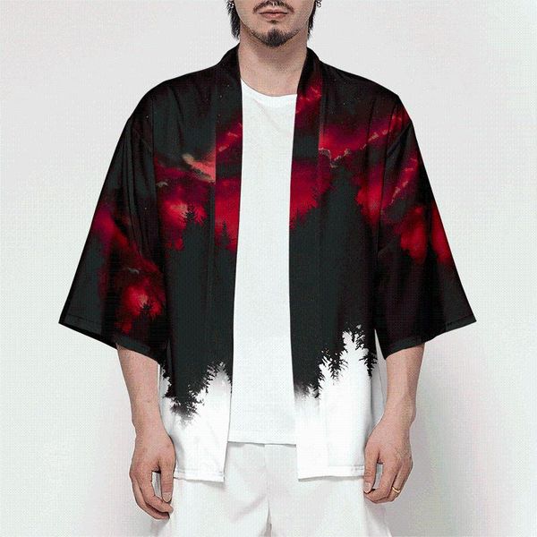 

ethnic clothing 3d japanese men's kimono cardigan samurai costume jacket forest shirt streetwear oversize tshirt, Red