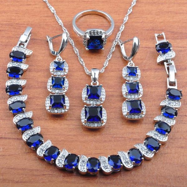 

earrings & necklace silver color jewelry sets for women square blue cubic zirconia bracelets wedding and ring set js0422