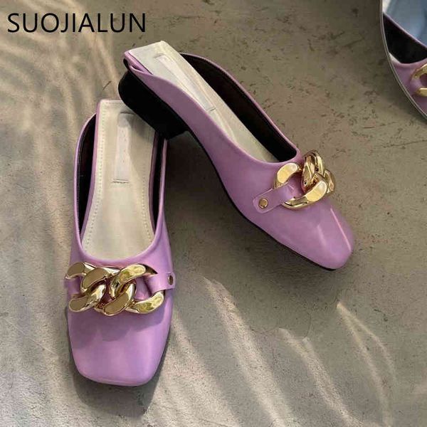 

suojialun square toe women slipper fashion brand chain slip on mules shoes ladies casual low heel outdoor slides flip flop sanda k78, Black