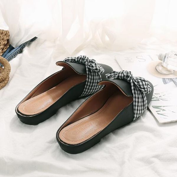 

slippers mules shoes women leather ladies low heel loafers round toe comfy summer big size wrapped toe shoes ag58, Black
