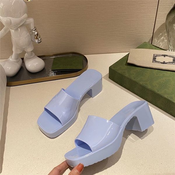 

beach slippers summer designer women shoes coarser heel flops 100% patent leather lady half slipper metal luxury high heeled sandals, Black