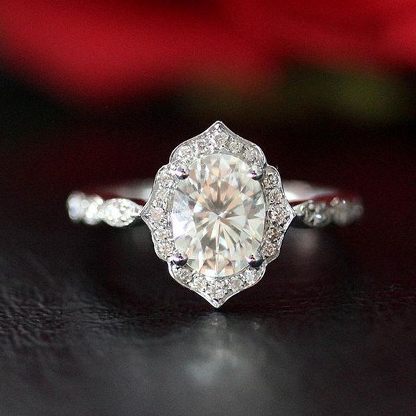 

cluster rings vintage 8x6mm 1.5ct oval excellent cut moissanite engagement ring solid 14k white gold, Golden;silver