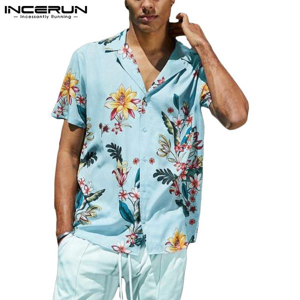 

men casual shirt printing vacation lapel short sleeve streetwear hawaiian shirts summer breathable camisas incerun s-3xl men's, White;black