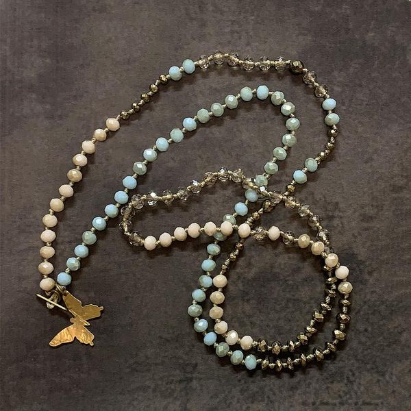 

beaded, strands vikiko niche design ins simple natural black gallstone light blue crystal girl necklace butterfly long sweater chain