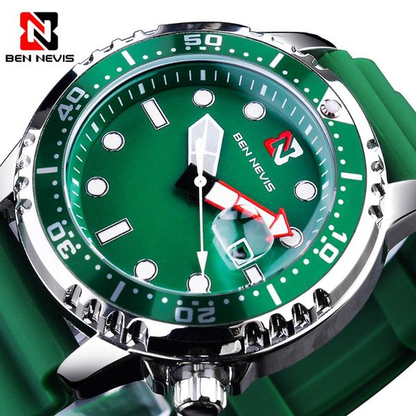 

wristwatches quartz watch men green rubber waterproof watches sport date clock male for business brand ben nevis hombres relojes, Slivery;brown