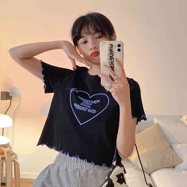

black white letter printed love heart pattern cute slim casual street short design short sleeve women female t-shirts 210522