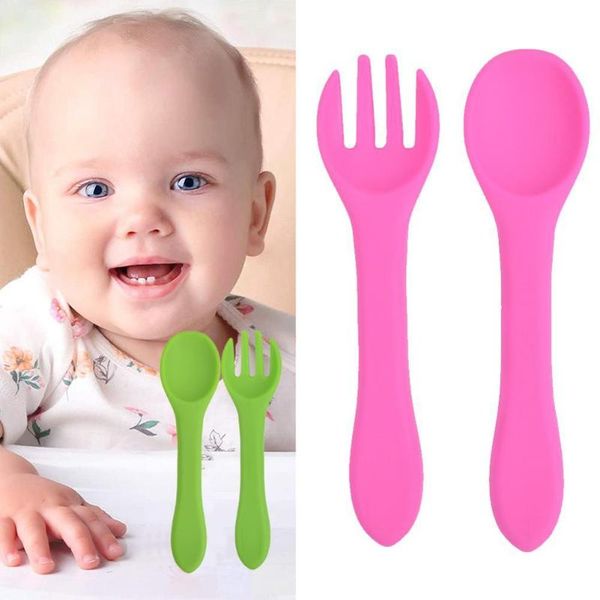 

kids children lunch feeding silicon spoon fork solid tableware waterproof baby spoons wholesales cups, dishes & utensils