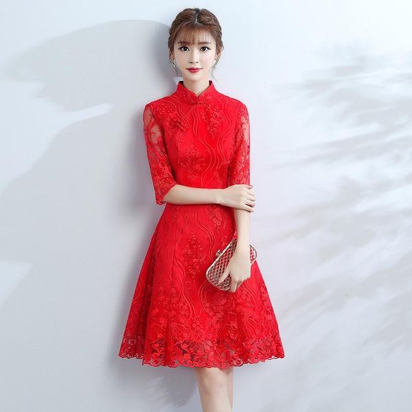 

women elegant mandarin collar banquet gown sweet flower embroidery a-line dresses exquisite chinese short formal party dress ethnic clothing, Red