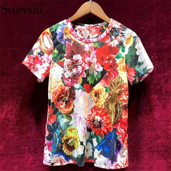 

svoryxiu women's summer flower print cotton short sleeve t shirts manual diamond casual plus size runway tees female 210320, White