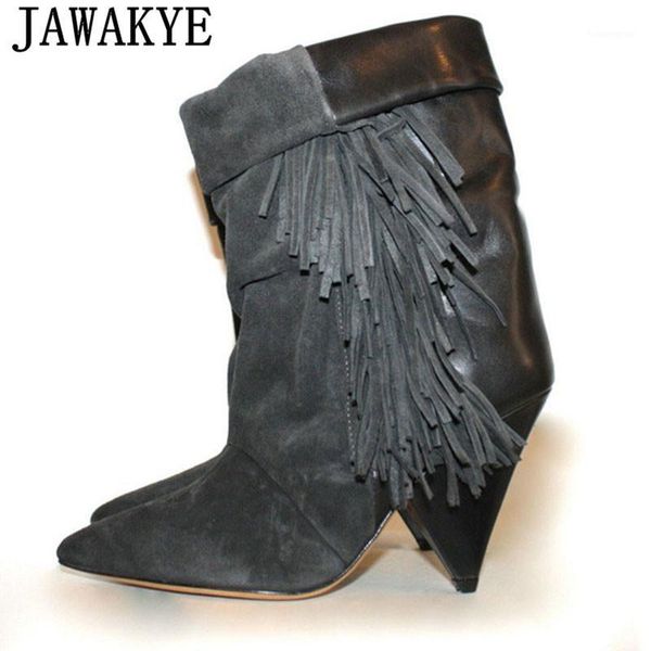 

boots 2021 suede leather pointed toe ankle for women 8 cm spikehigh heel fringe tassel short ladies bota feminina1, Black
