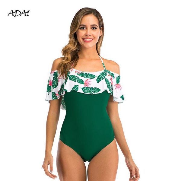 

one piece swimsuit women 2021 off the shoulder flounces bathing suit print bodysuit plus size swimwear 4 colors 2 way swim wear one-piece su