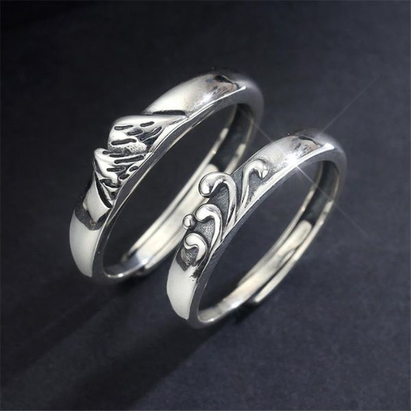 

cluster rings 2021 romantic cute vintage style mountain sea forever love paired promised 925 real silver women unix couple jewelry, Golden;silver