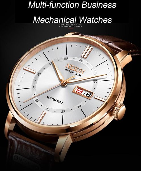 

wristwatches nesun brand men's watch business casual automatic mechanical fashion waterproof sports belt watches relogio masculino, Slivery;brown