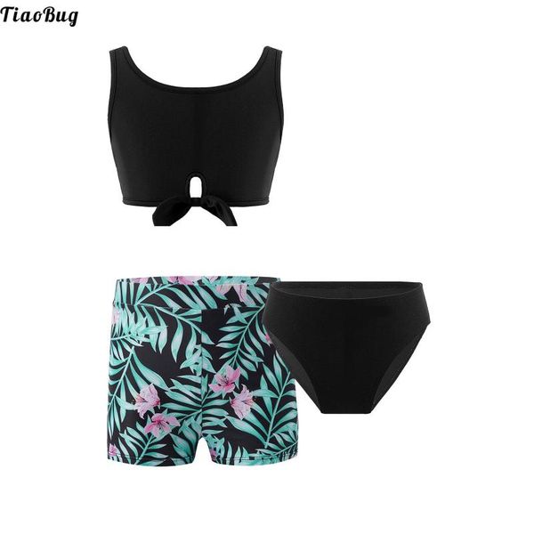 

one-pieces tiaobug 3pcs kids girls print swimwear u neck sleeveless crop with briefs and shorts set beach pool bathing swimsuit bikini, Black