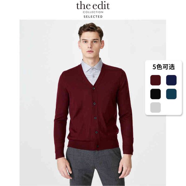 

selected men's 100% wool knitted v-neck collar cardigan sweater t|419424536, Black;white