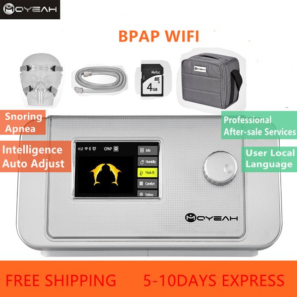 Dispositivo di respirazione portatile MOYEAH BPAP Russante con Internet Wifi Maschera nasale Cinghia Sacchetto filtro per tubo per apnea notturna