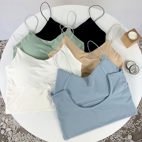 

women's tanks & camis women spaghetti strap v neck bra low cut u-back wire padded camisole bralette ice silk seamless underwear to, White