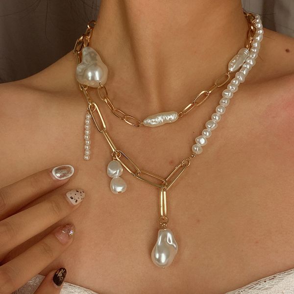 

shaped imitation pearl chains necklaces fashion simple temperament clavicle chain multi-layer geometric items handmade retro wild necklace j, Silver