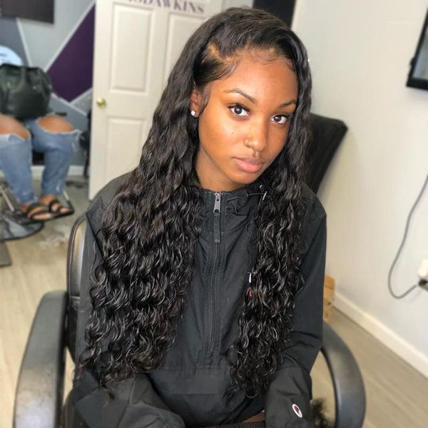 

amanda 13x6 transparent lace wigs malaysian hair water wave 150% density remy front human for black women1, Black;brown