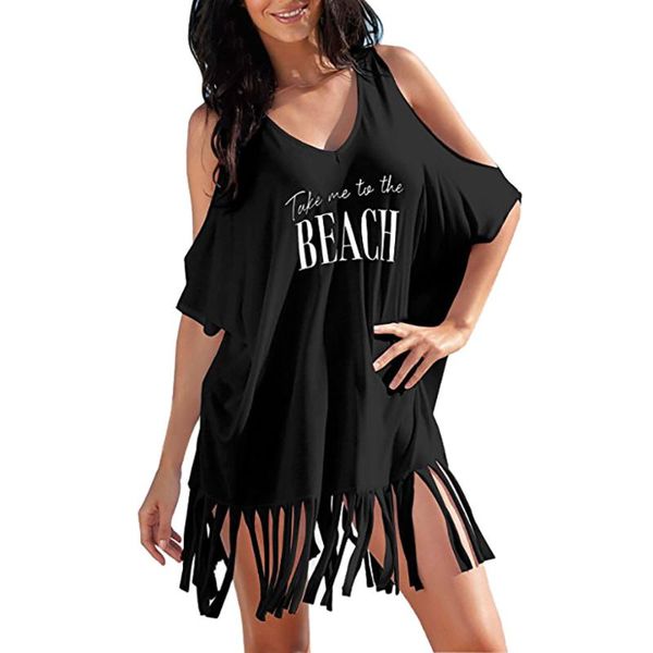 

women's swimwear fashion womens cover-ups casual solid tassel decoration letters printed baggy empire beach dress ropa mujer, White;black