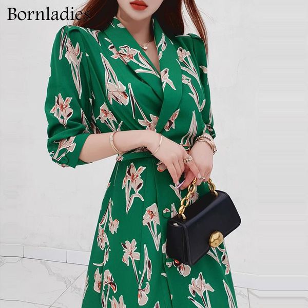 

casual dresses bornladies women korean summer notched green office ladies floral printed half sleeve slim high waist vintage long dress, Black;gray