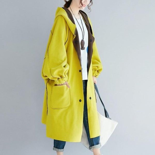 

women's trench coats 2021 fashion winter hooded jacket warm both sides wear wool blends coat loose lantern sleeve female outwear, Tan;black
