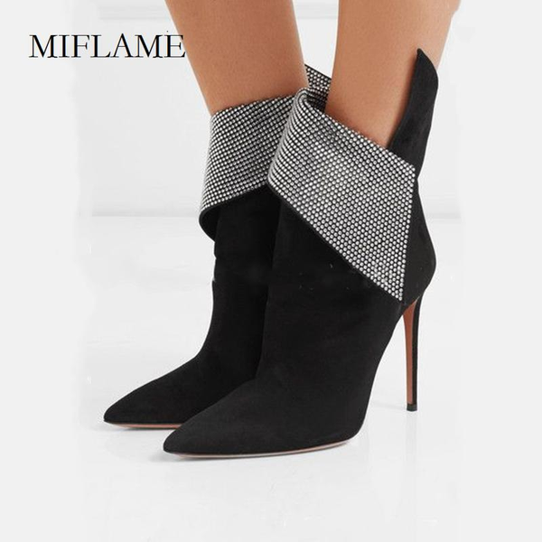 

boots concise ofice lady stiletto shoes women pointed toe purfle rhinestone ankle flock silp on thin heels 2021 in winter1, Black