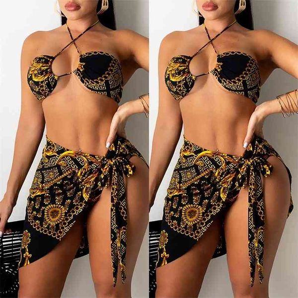 

women's swimwear print push up bikinis set female retro three-piece swimsuit chain bathing suit women biquini 210722, White;black