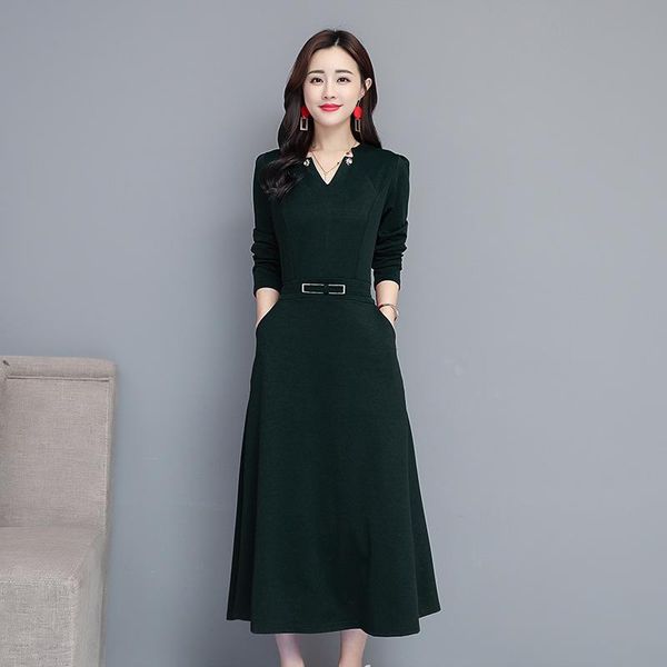 

casual dresses v-neck women big size long sleeve slim a-line dress spring autumn elegant basic female party clothing, Black;gray